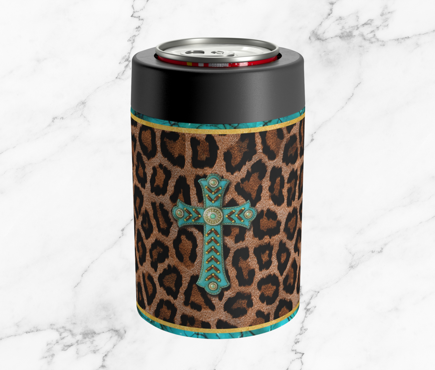 Teal Cross Cheetah Print 12oz Can Holder