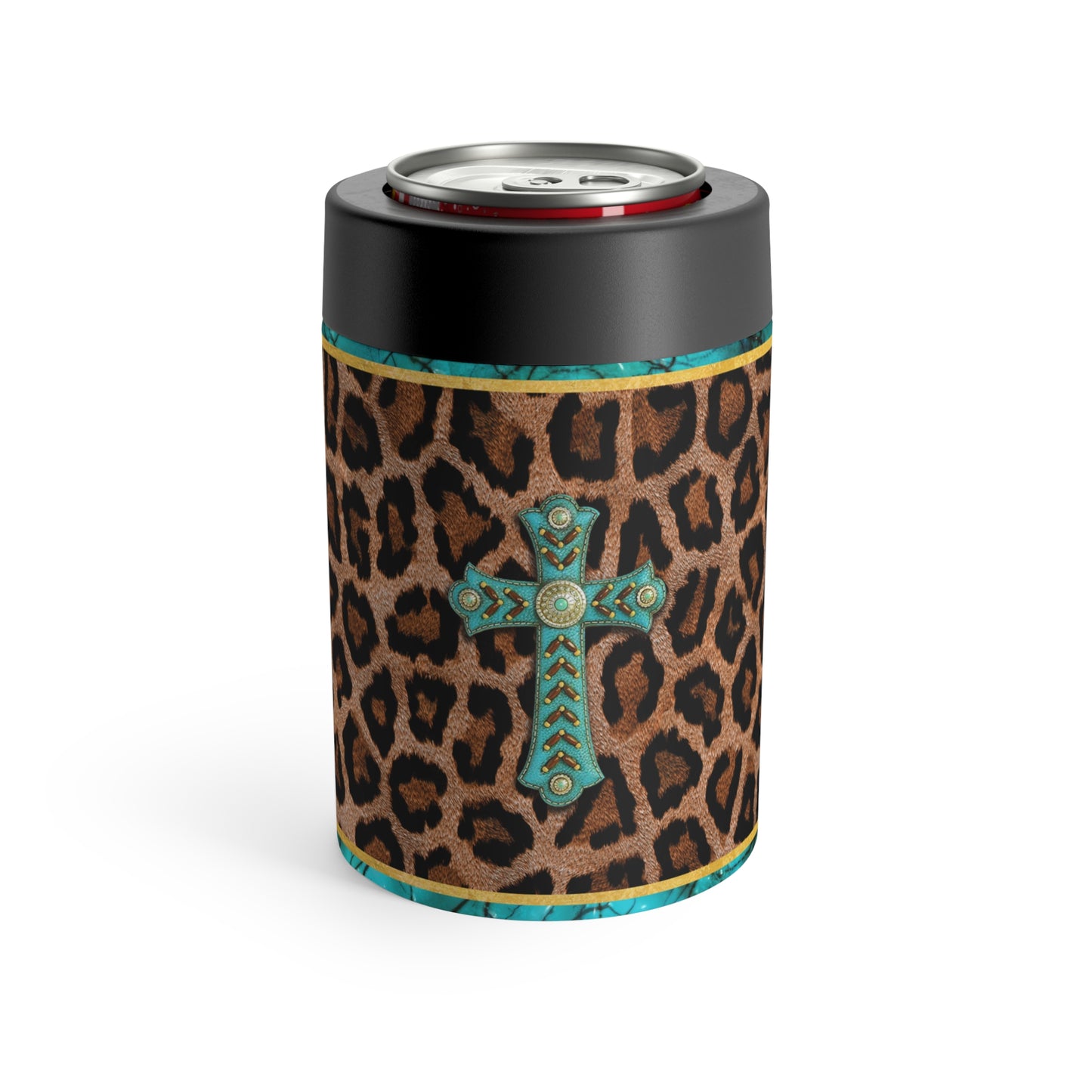 Teal Cross Cheetah Print 12oz Can Holder