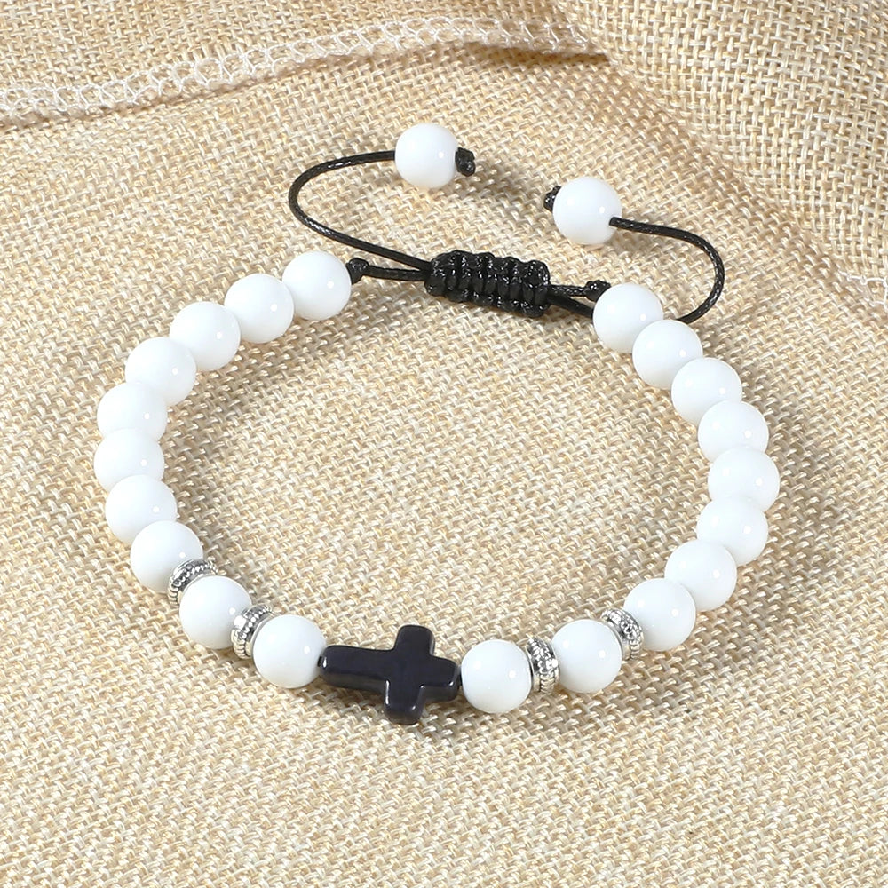 Men Women Braided Bracelet 8MM Natural Stone Christian Bless Jesus Cross