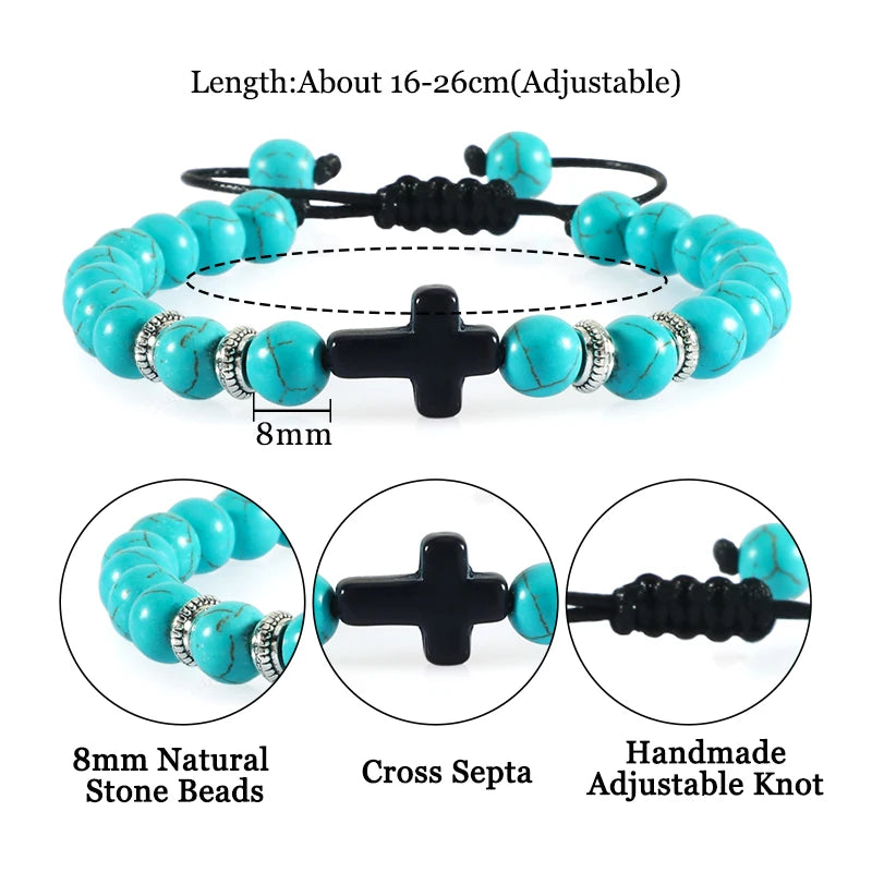 Men Women Braided Bracelet 8MM Natural Stone Christian Bless Jesus Cross