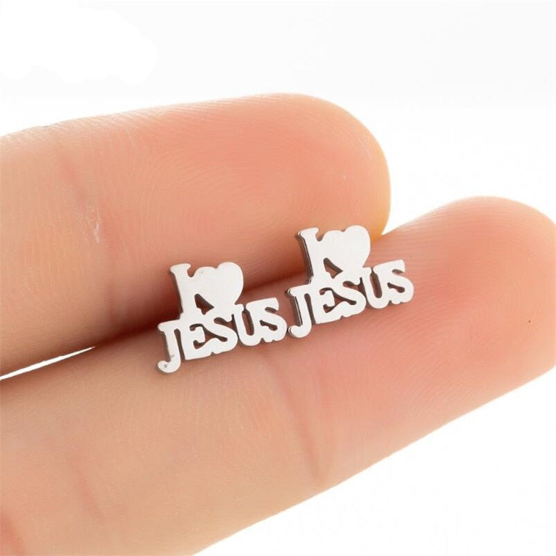 Stainless Steel Jesus Cross Fashion Earrings Jewelry Christian Symbol Stud Earrings Loving Heart Accessory