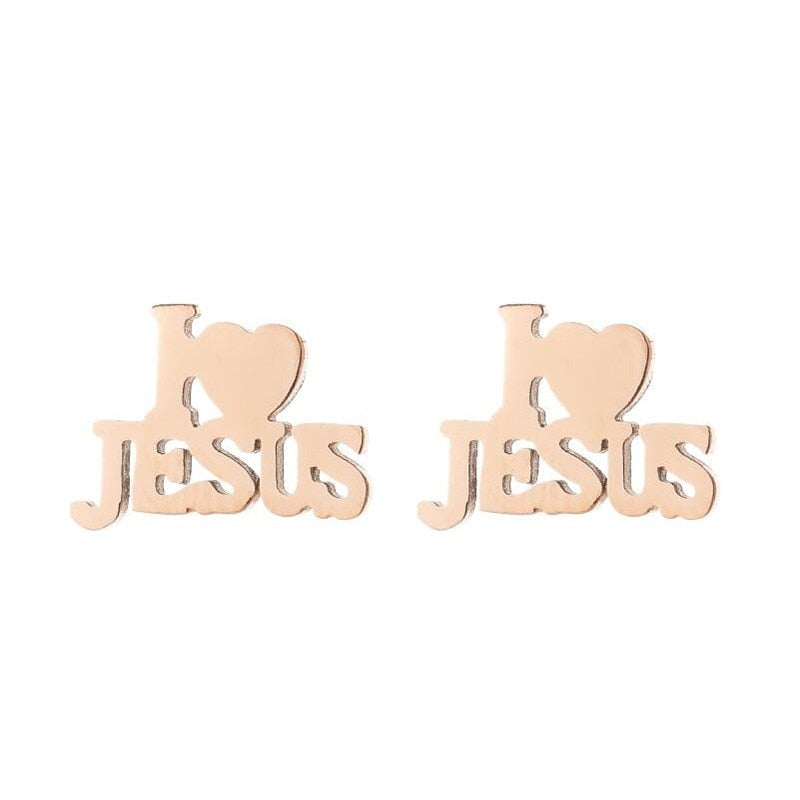 Stainless Steel Jesus Cross Fashion Earrings Jewelry Christian Symbol Stud Earrings Loving Heart Accessory