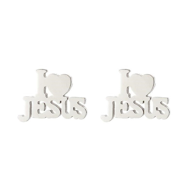 Stainless Steel Jesus Cross Fashion Earrings Jewelry Christian Symbol Stud Earrings Loving Heart Accessory