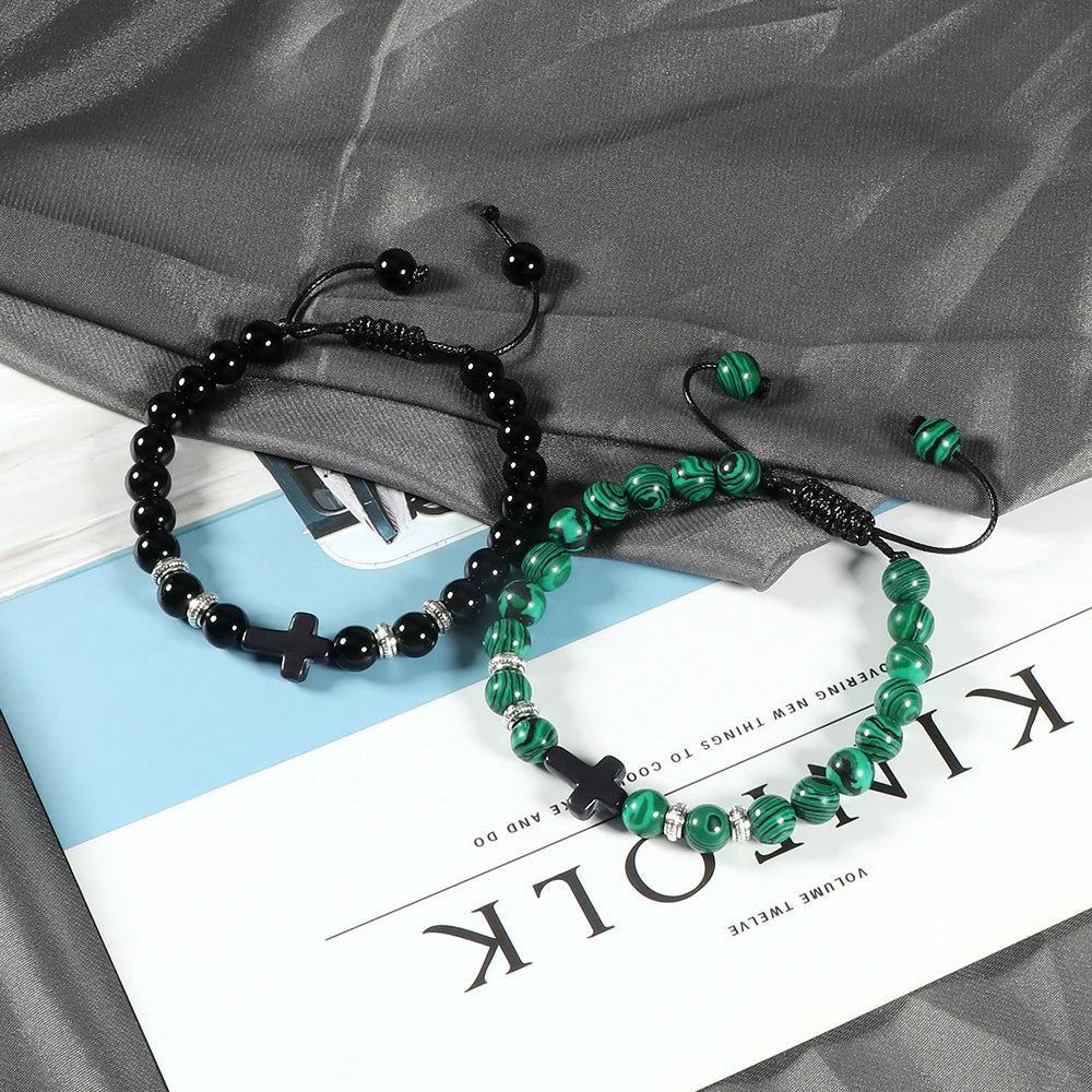 Men Women Braided Bracelet 8MM Natural Stone Christian Bless Jesus Cross