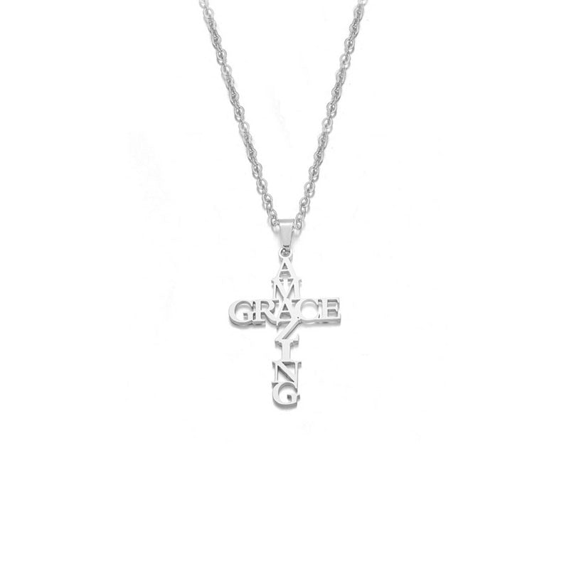 Stainless Steel Cross Pendant Necklace Amazing Grace Cross Women Men Fashion Jewelry Gift