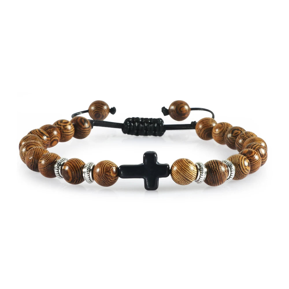 Men Women Braided Bracelet 8MM Natural Stone Christian Bless Jesus Cross