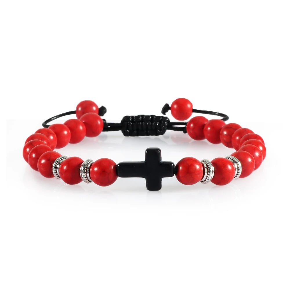 Men Women Braided Bracelet 8MM Natural Stone Christian Bless Jesus Cross