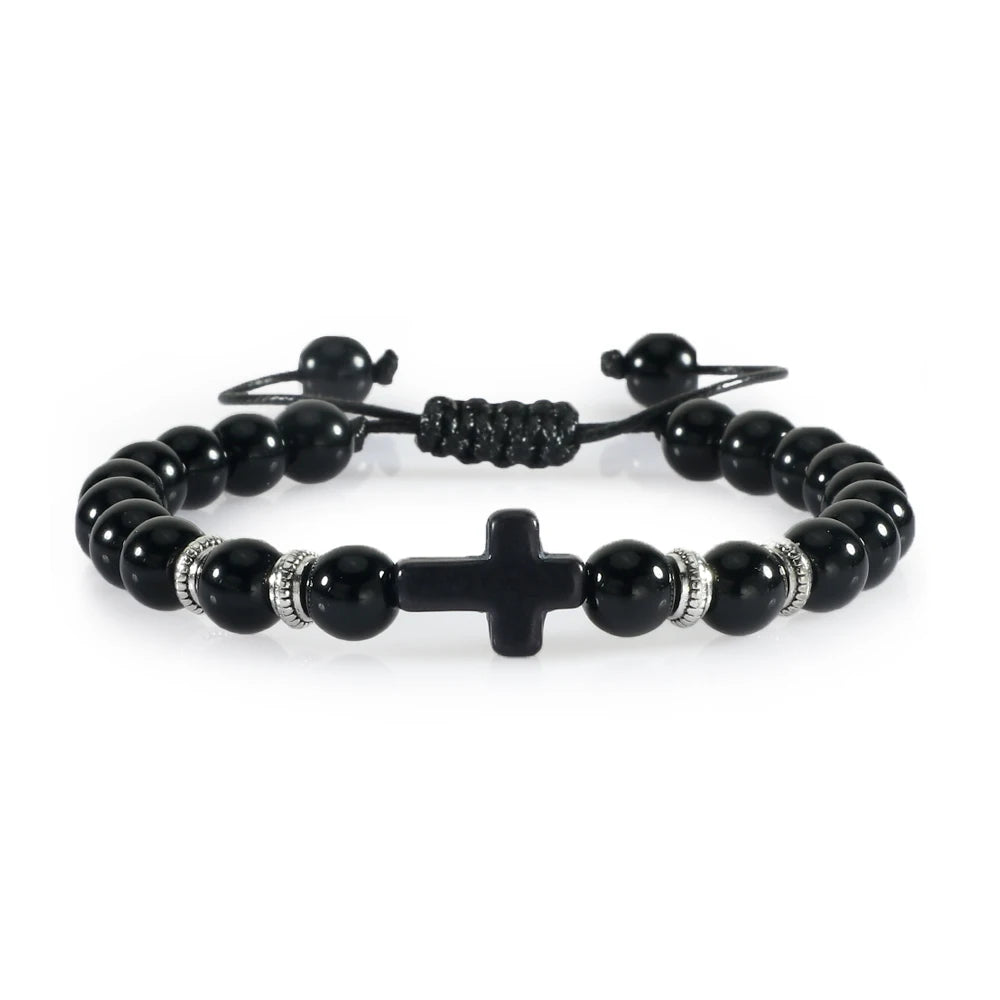 Men Women Braided Bracelet 8MM Natural Stone Christian Bless Jesus Cross