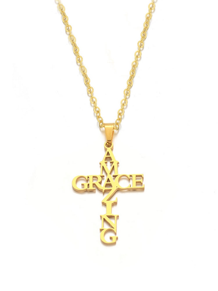 Stainless Steel Cross Pendant Necklace Amazing Grace Cross Women Men Fashion Jewelry Gift