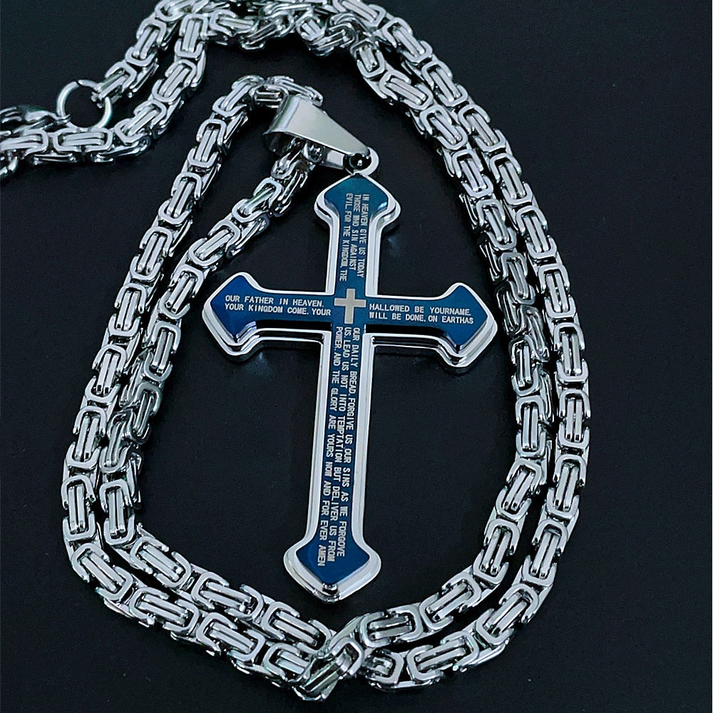 Vintage Christian Bible Text Stainless Steel Cross Pendant Necklace Biker Amulet Men's Chain Necklace Jewelry Gift