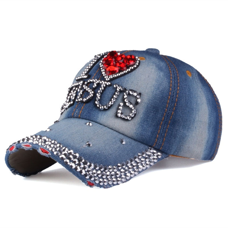 I Heart Jesus Heart Printed Rhinestone Adjustable Outdoor Sports Cap for Women