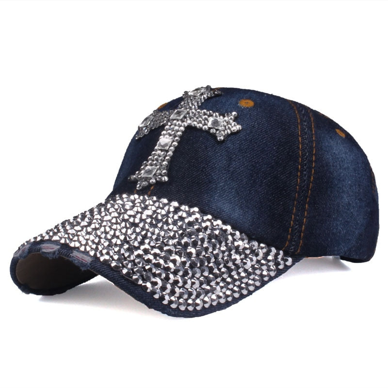 Cross Printed Baseball Cap Fashion Rhinestone Adjustable Cap for Women