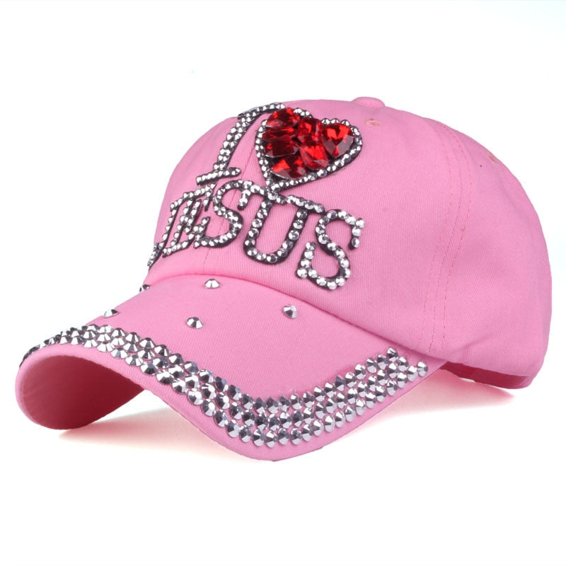 I Heart Jesus Heart Printed Rhinestone Adjustable Outdoor Sports Cap for Women