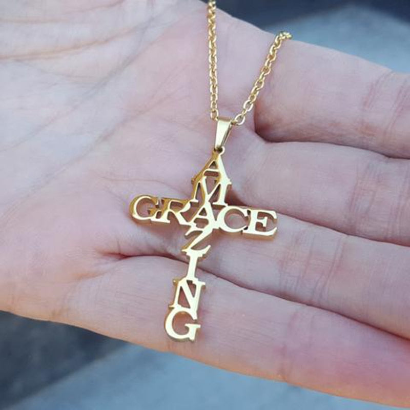 Stainless Steel Cross Pendant Necklace Amazing Grace Cross Women Men Fashion Jewelry Gift