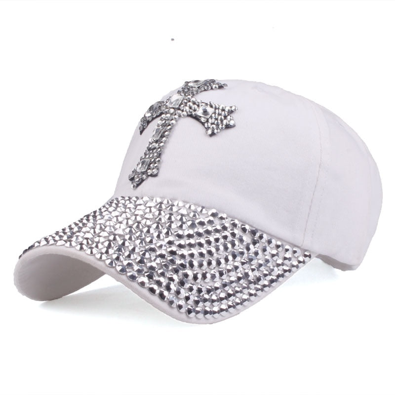 Cross Printed Baseball Cap Fashion Rhinestone Adjustable Cap for Women
