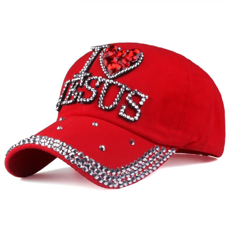 I Heart Jesus Heart Printed Rhinestone Adjustable Outdoor Sports Cap for Women