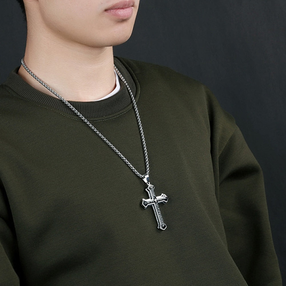 Vintage Christian Bible Text Stainless Steel Cross Pendant Necklace Biker Amulet Men's Chain Necklace Jewelry Gift