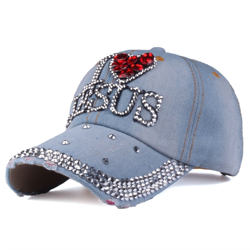 I Heart Jesus Heart Printed Rhinestone Adjustable Outdoor Sports Cap for Women