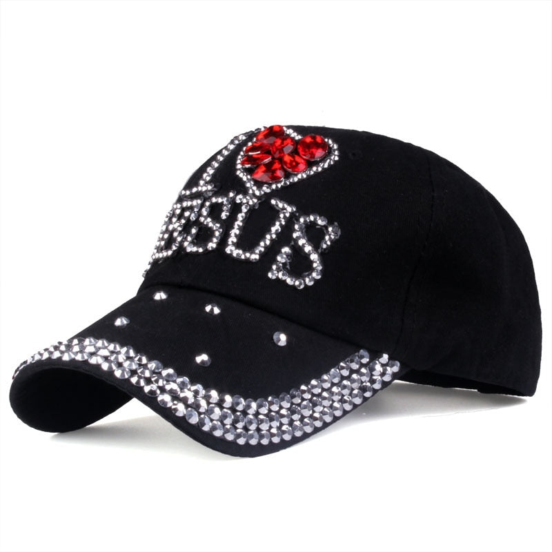 I Heart Jesus Heart Printed Rhinestone Adjustable Outdoor Sports Cap for Women