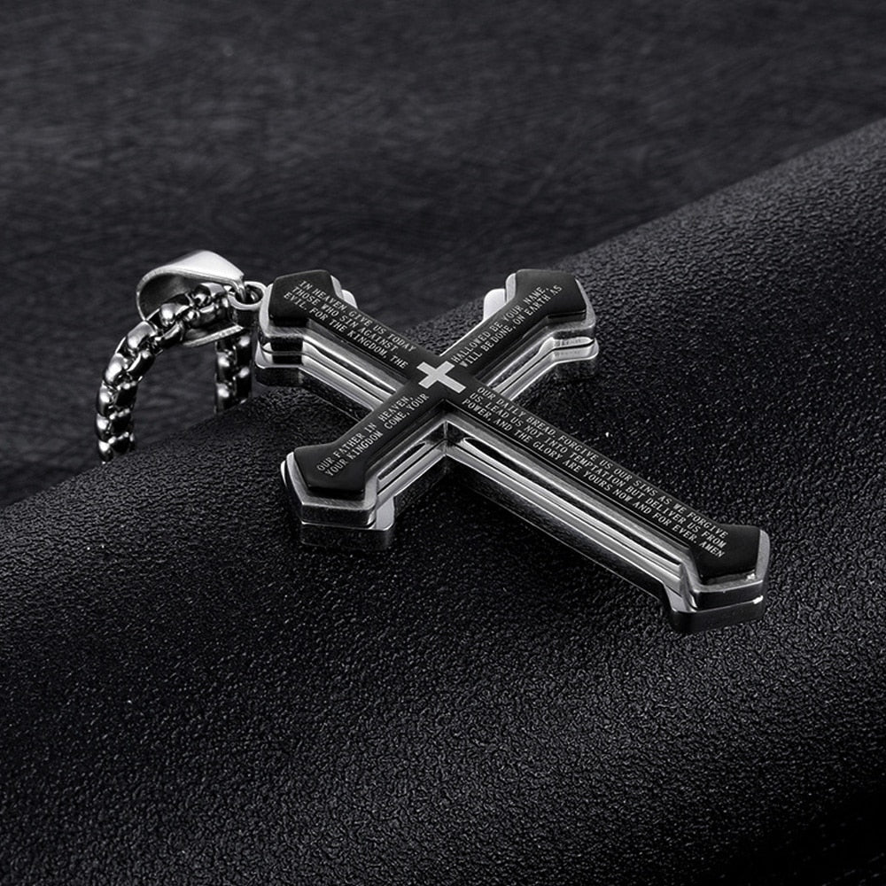 Vintage Christian Bible Text Stainless Steel Cross Pendant Necklace Biker Amulet Men's Chain Necklace Jewelry Gift