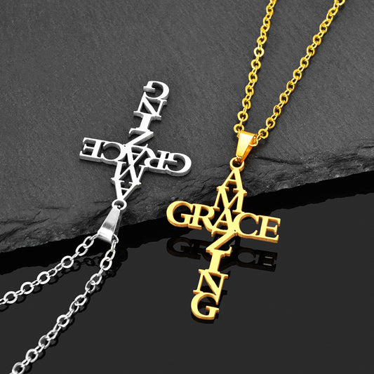 Stainless Steel Cross Pendant Necklace Amazing Grace Cross Women Men Fashion Jewelry Gift