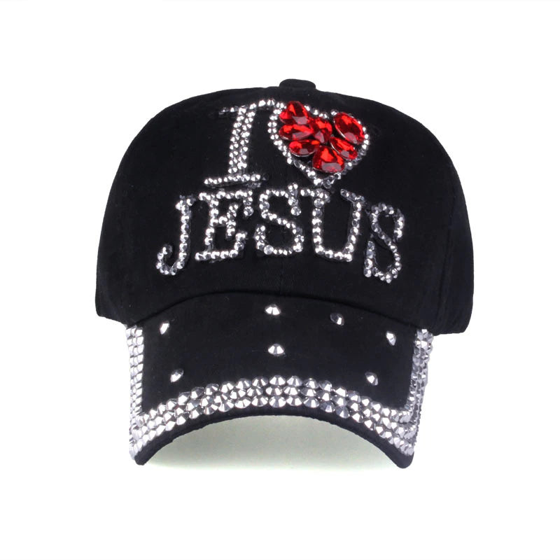 I Heart Jesus Heart Printed Rhinestone Adjustable Outdoor Sports Cap for Women