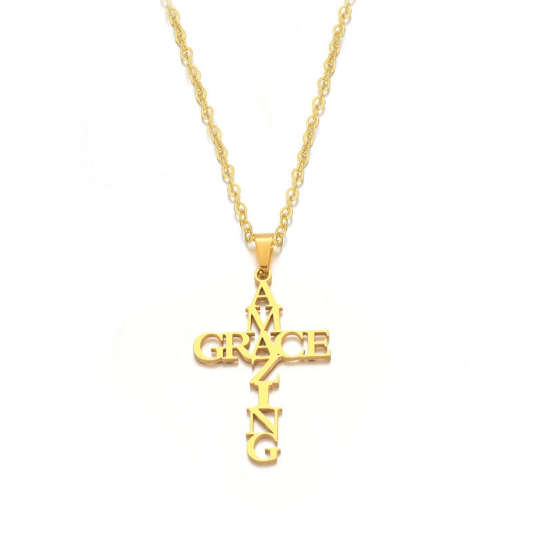 Stainless Steel Cross Pendant Necklace Amazing Grace Cross Women Men Fashion Jewelry Gift