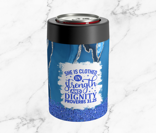 She is Clothed in Strength Blue 12oz Can Holder