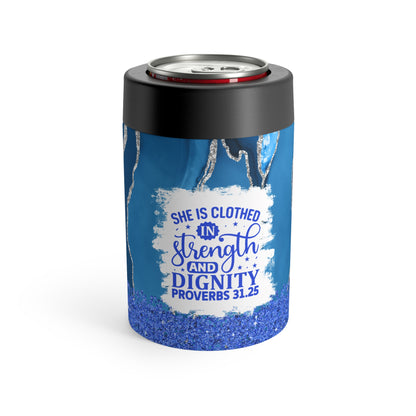 She is Clothed in Strength Blue 12oz Can Holder