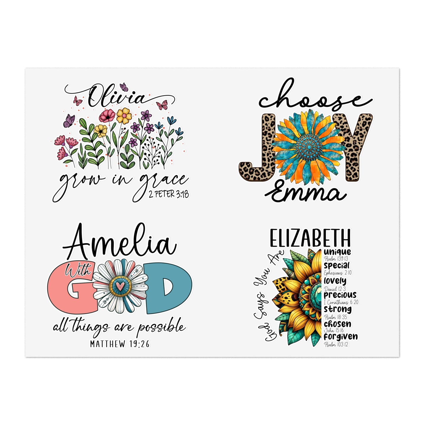 Custom Name Faith-Based Christian Bible Verse Scriptures 4 Designs Sticker Sheet