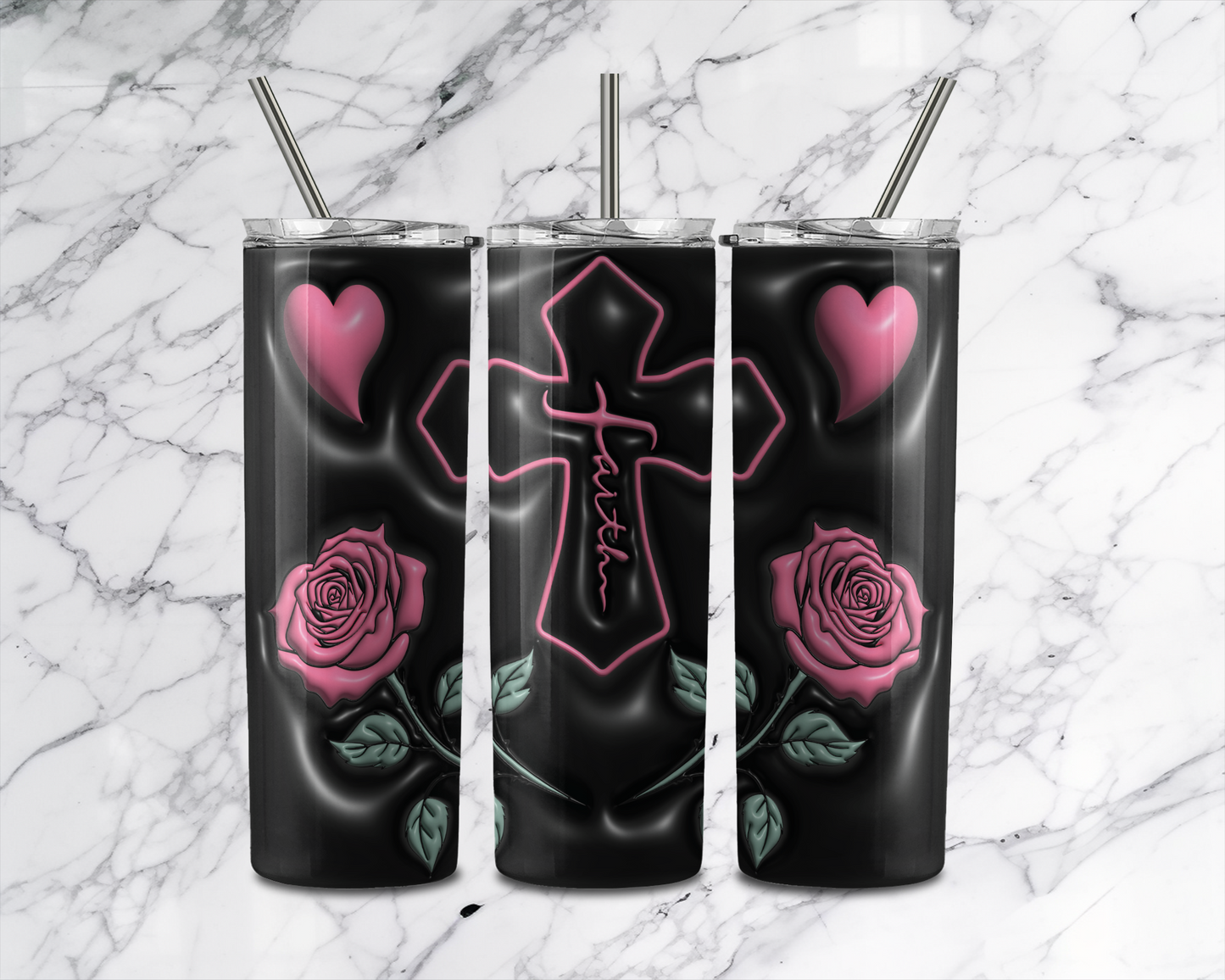 Black/Pink Faith Tumbler With Stainless Steel Straw 20oz
