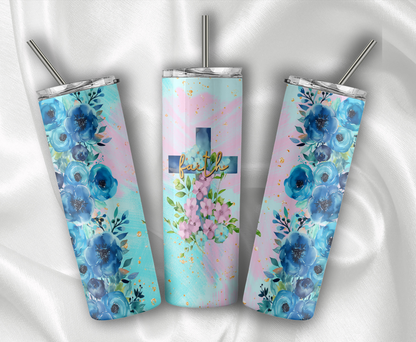 Blue Flowers Faith Cross Tumbler With Stainless Steel Straw 20oz