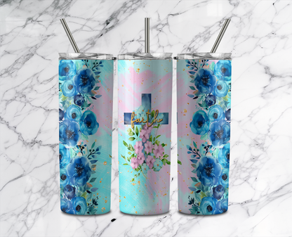 Blue Flowers Faith Cross Tumbler With Stainless Steel Straw 20oz