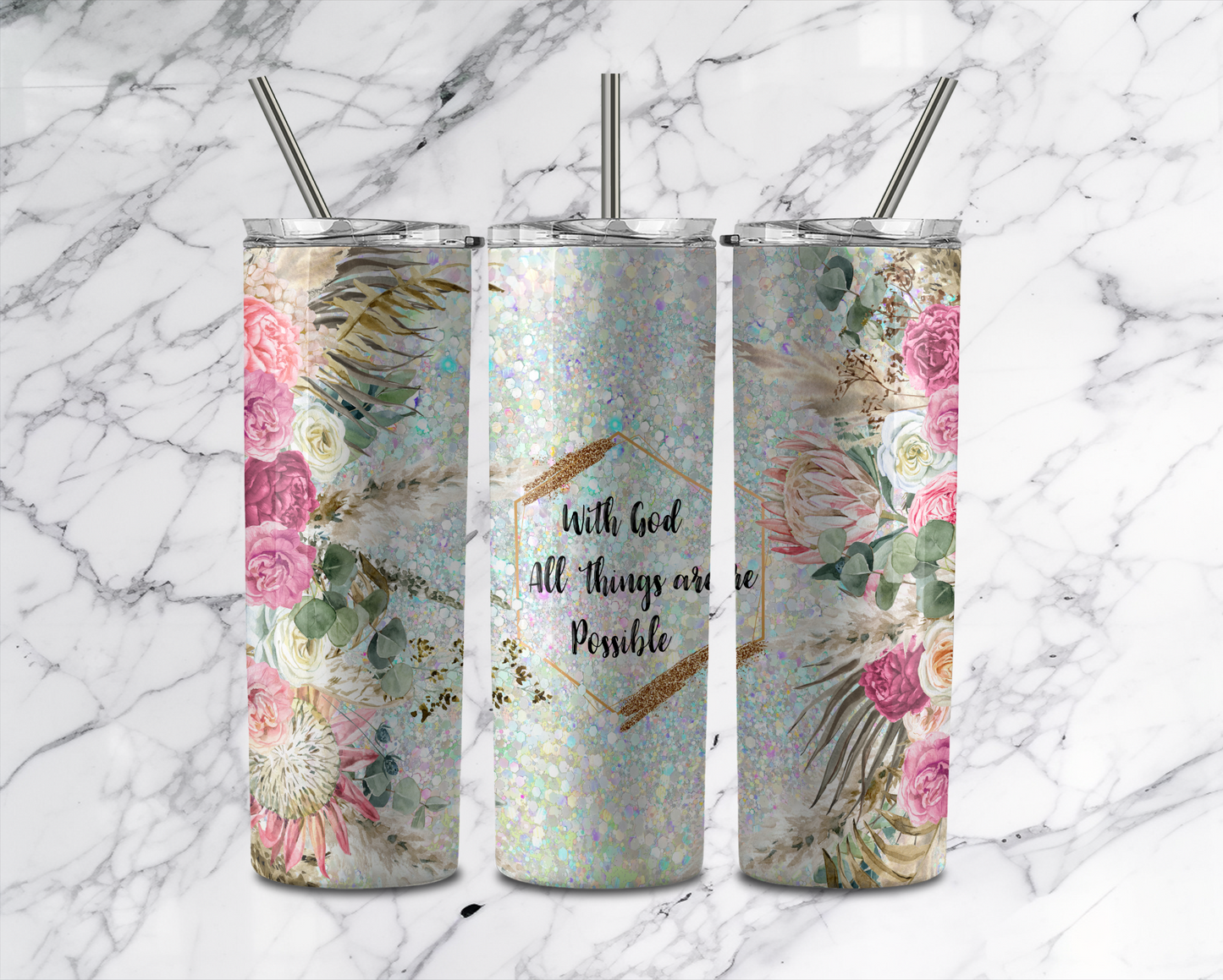 With God All Things Are Possible Tumbler With Stainless Steel Straw 20oz