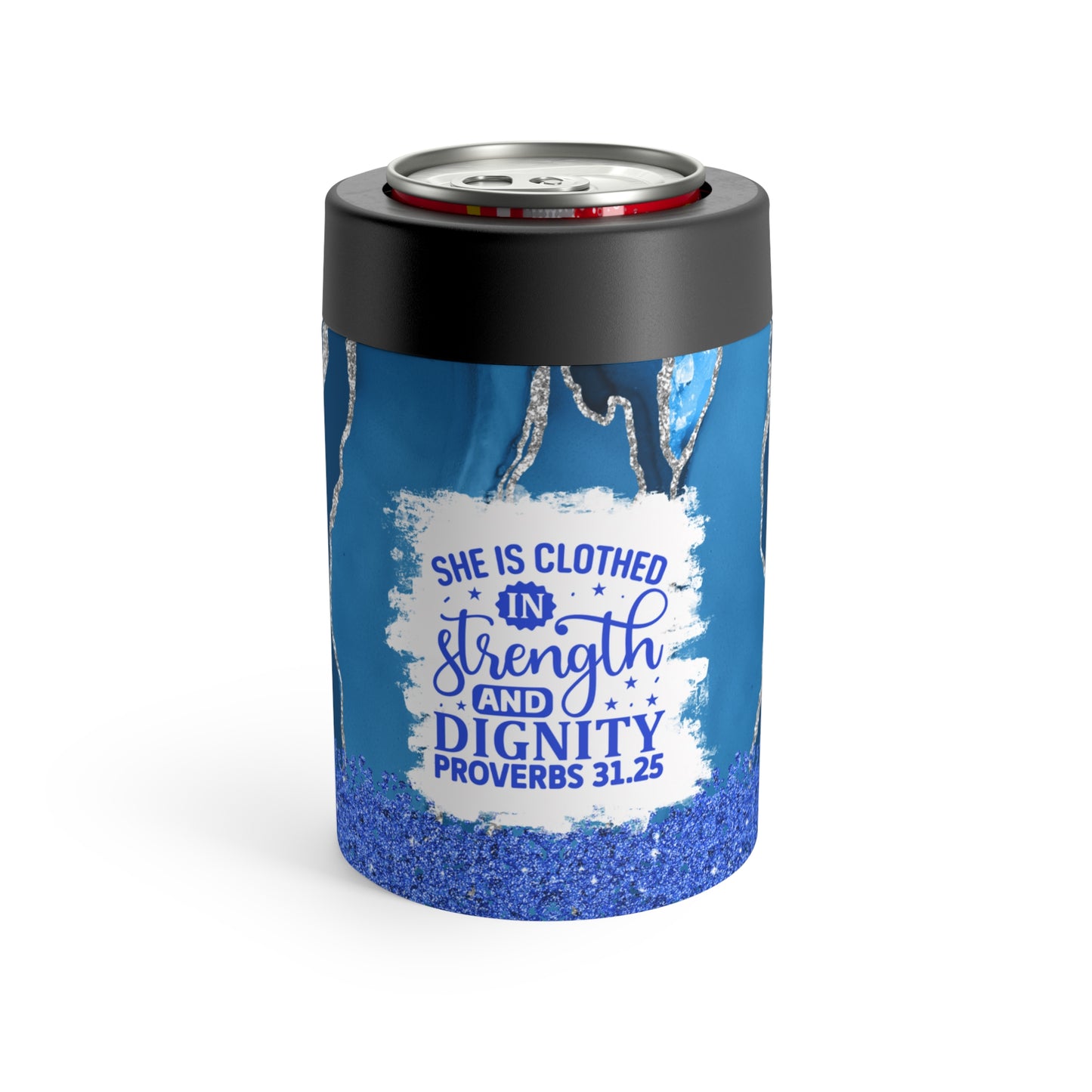 She is Clothed in Strength Blue 12oz Can Holder