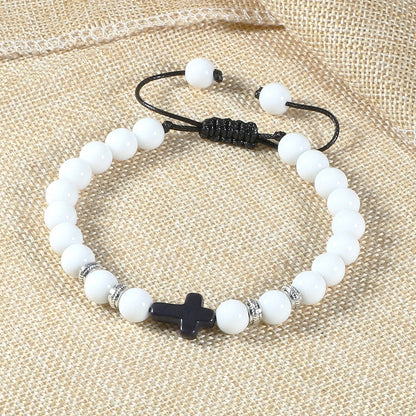 Men Women Braided Bracelet 8MM Natural Stone Christian Bless Jesus Cross