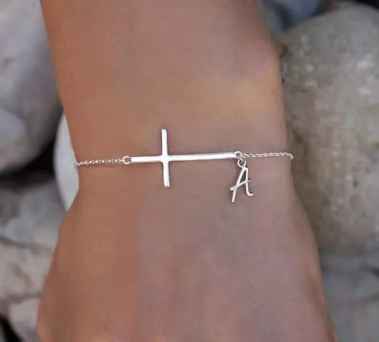 Silver Plated Sideways Cross Bracelet with Initial