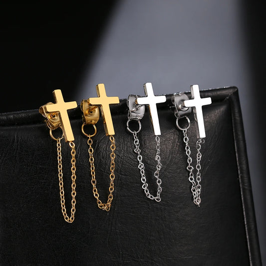 Cross Christian Stainless Steel Earrings Trend Classic Style Cross Shape Fashion Tassel Chain Earrings For Women Jewelry Friends Gifts