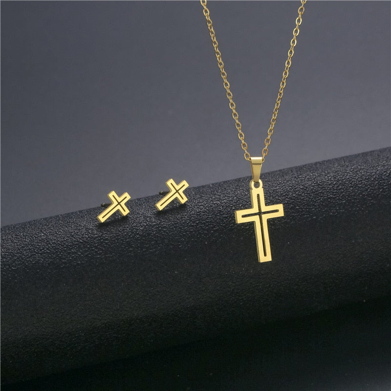 New Stainless Steel Heart Cross Pendant Charm Necklace & Earrings for Women