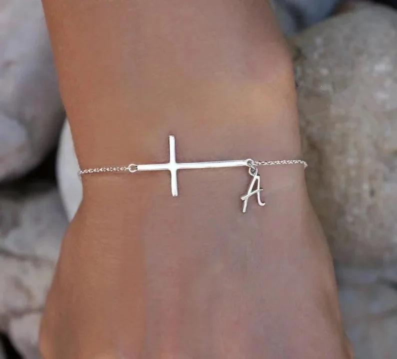Silver Plated Sideways Cross Bracelet with Initial