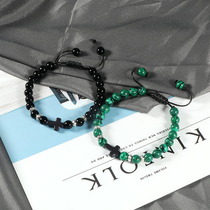 Men Women Braided Bracelet 8MM Natural Stone Christian Bless Jesus Cross