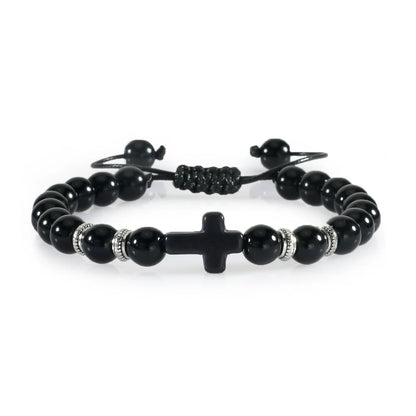 Men Women Braided Bracelet 8MM Natural Stone Christian Bless Jesus Cross
