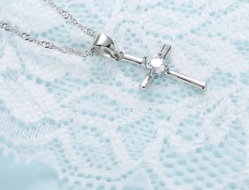 Matching Set Necklace and Earrings Cross Christian Religious 925 Sterling Silver Jewelry Set With Cross Shape White Crystal Pendant Necklace Hoop Earring Sets