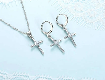 Matching Set Necklace and Earrings Cross Christian Religious 925 Sterling Silver Jewelry Set With Cross Shape White Crystal Pendant Necklace Hoop Earring Sets