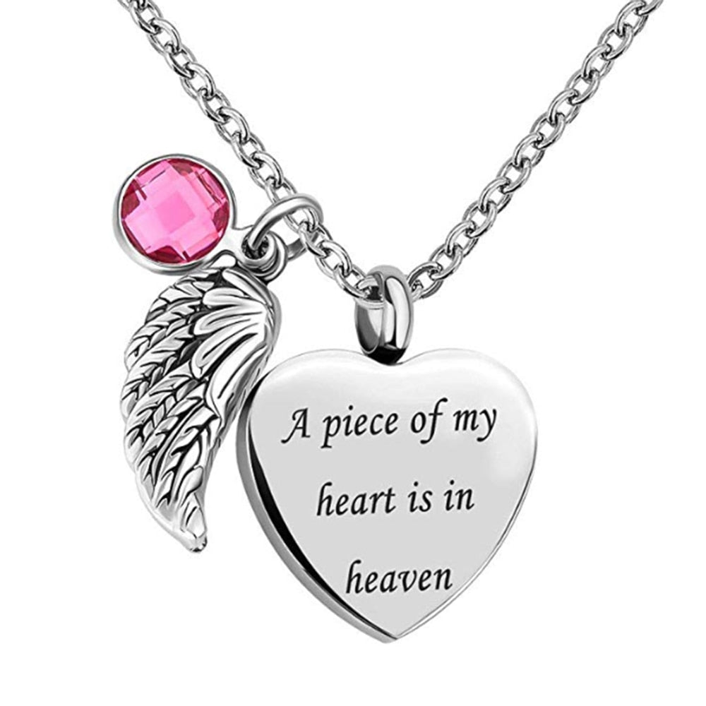Angel Wing Charm Heart Love 12 Colors Crystal Urn Necklace for Ashes Cremation