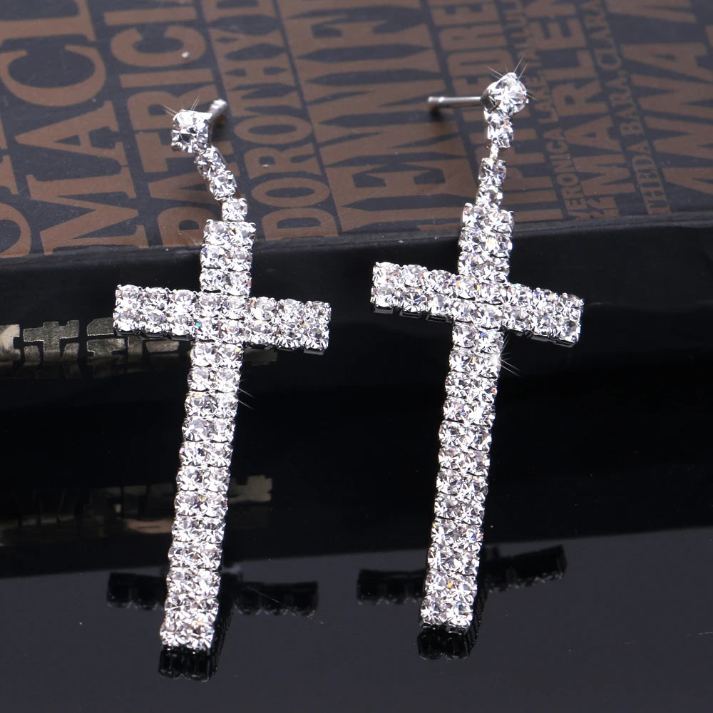 Crystal Cross Shape Long Earrings Sparkly Silver Color Rhinestone Dangle Earrings For Women Wedding Jewelry Gifts