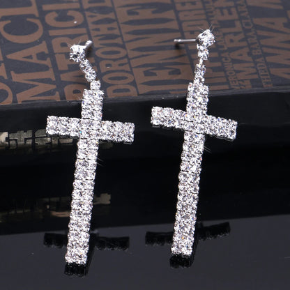 Crystal Cross Shape Long Earrings Sparkly Silver Color Rhinestone Dangle Earrings For Women Wedding Jewelry Gifts