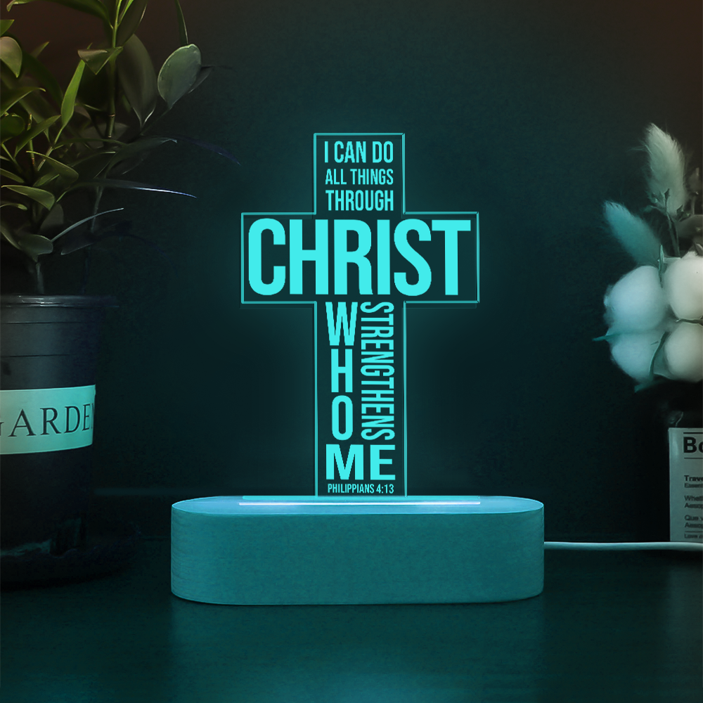 Custom Name I Can Do All Things Philippians 4:13 Christian Bible Verse 3D Multicolor LED Light w/Wooden Base