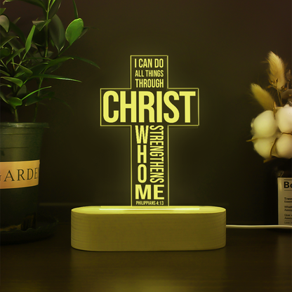 Custom Name I Can Do All Things Philippians 4:13 Christian Bible Verse 3D Multicolor LED Light w/Wooden Base