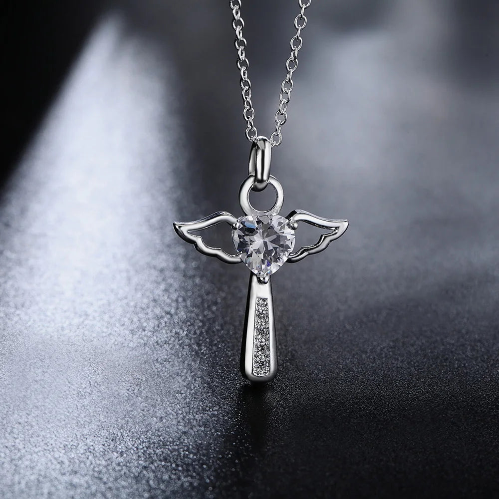 925 Sterling Silver Christian Religious Angel Wings Crystal Cross Pendants Necklace